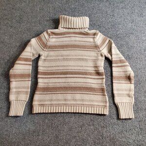 Women’s Small (6-8) Covington Knit Sweater Ivory Brown Stripe Turtle Neck Cotton